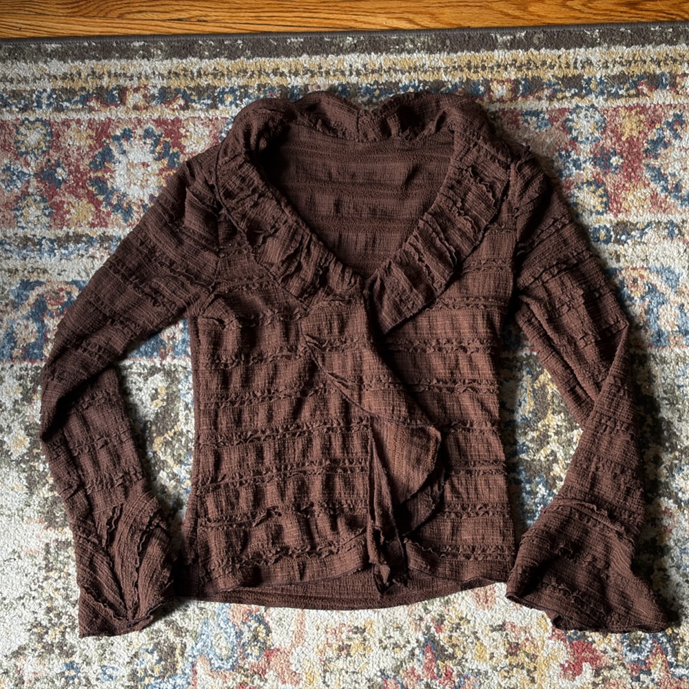 Women’s Ruffled Brown Textured Shirt